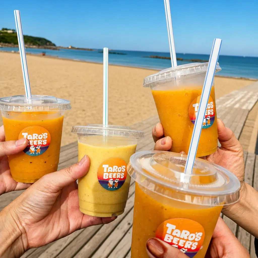 ビーチで自家製スムージーで乾杯する様子